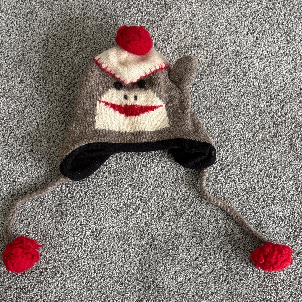 Brown and Red Monkey Knit Hat